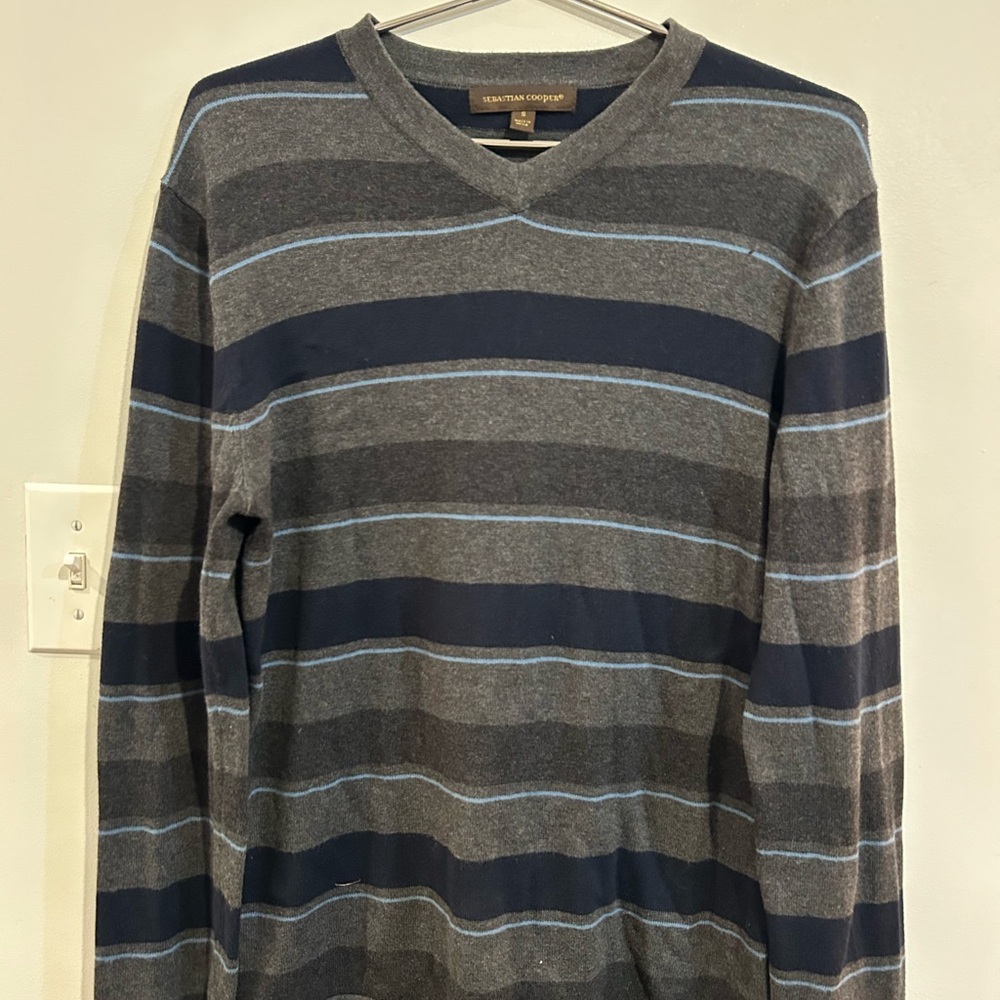 Men's V-Neck Striped Sweater - Gray and Blue
